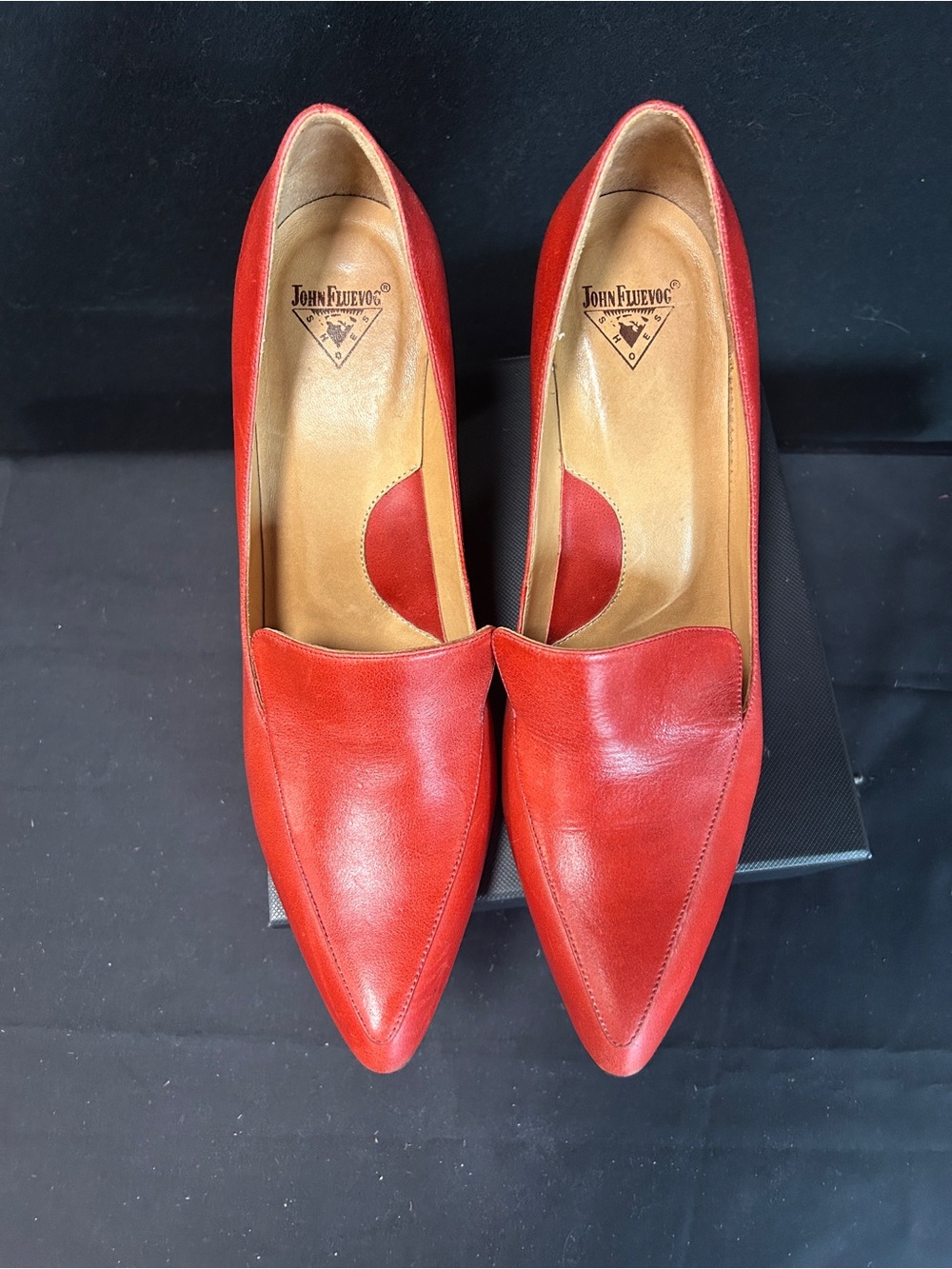 John Fluevog Red Leather Pointed Mid-Heel Pumps